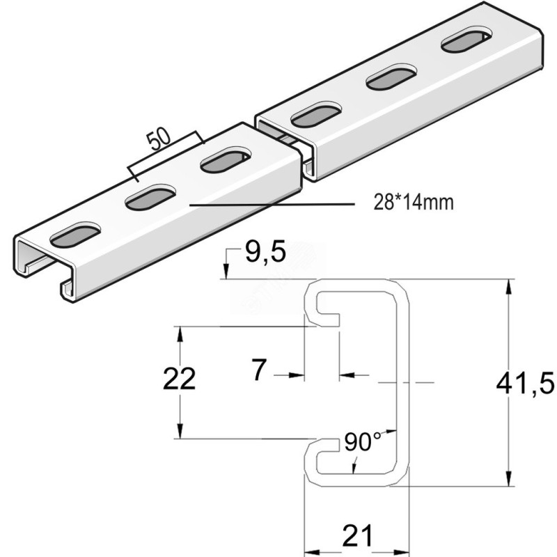 Монтажный профиль, высота - 21 мм, ширина - 41 мм, длина - 2600 мм, толщина - 2,5 мм, кратность - 1шт, SZ - Оцинкованная сталь (
