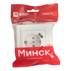 Минск Розетка 1-местная СП с/з 16А белая с защ. штор. с 2 USB 2,1А EKF