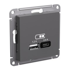 ATLASDESIGN USB РОЗЕТКА А+С, 5В/2,4 А, 2х5В/1,2 А, механизм, БАЗАЛЬТ